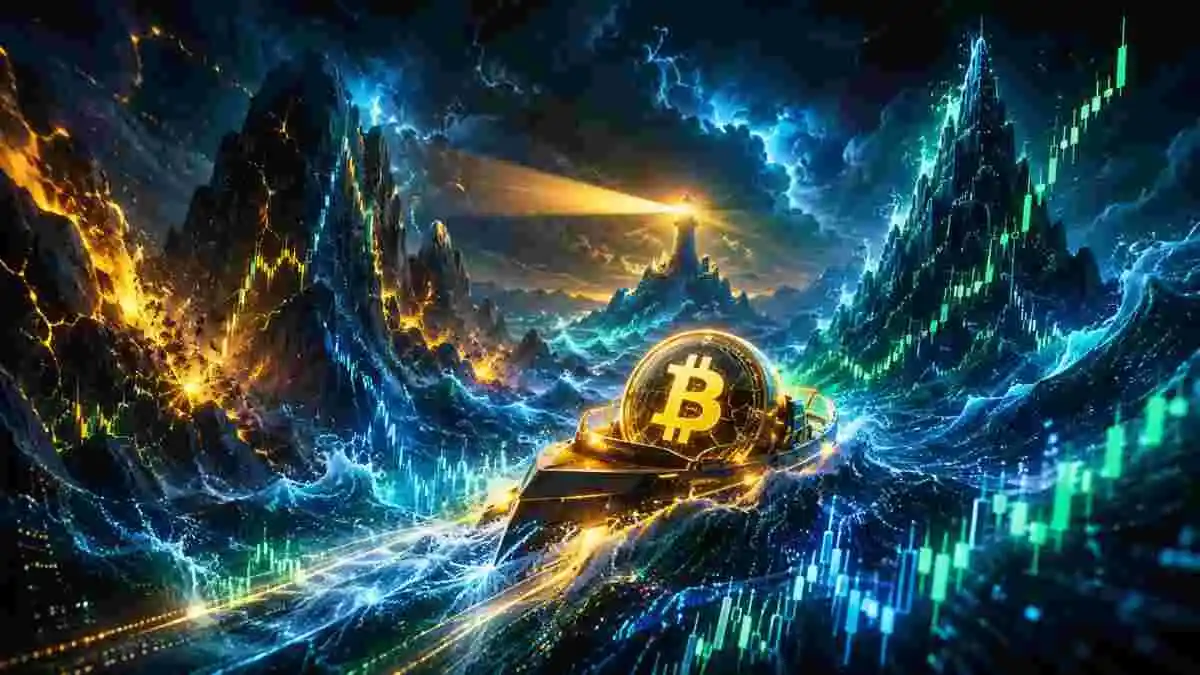 嵐の中、上下するサイバーウェーブを進むビットコインの船
