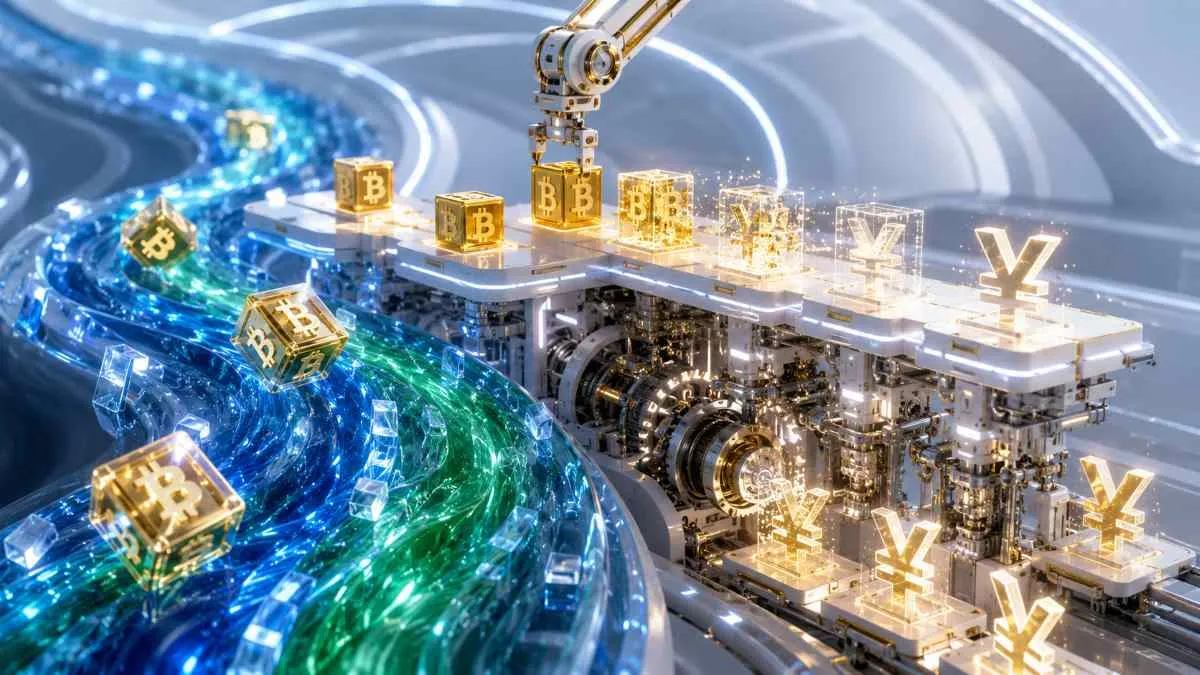 歯車の上でBTCブロックが通貨に変わる