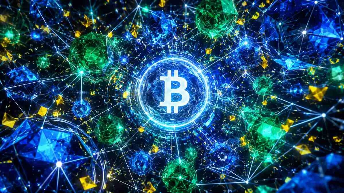 中心に光るBTCロゴがある複雑な幾何学ノード