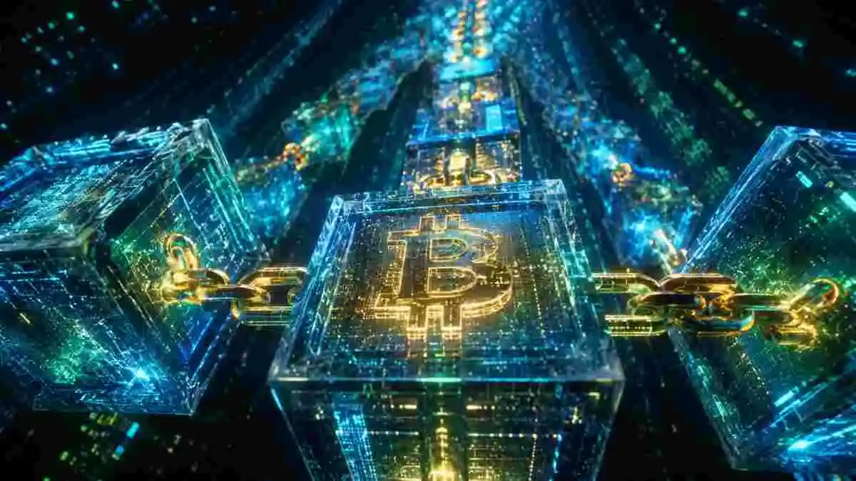 安全な暗号鎖を形成する、互いにリンクした光るデジタルブロック