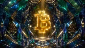 抽象的で希少な幾何学的金庫にある、デジタルゴールドとしての希少なビットコイン。