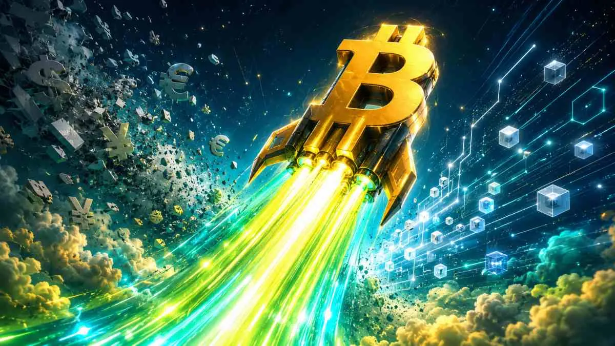抽象的な光る背景から打ち上げられるスタイリッシュなBTCロケット