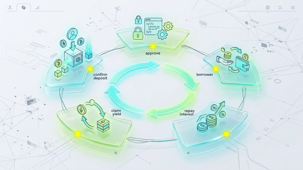 仮想通貨レンディングの抽象的なステップを表示する、クリーンで未来的なUI