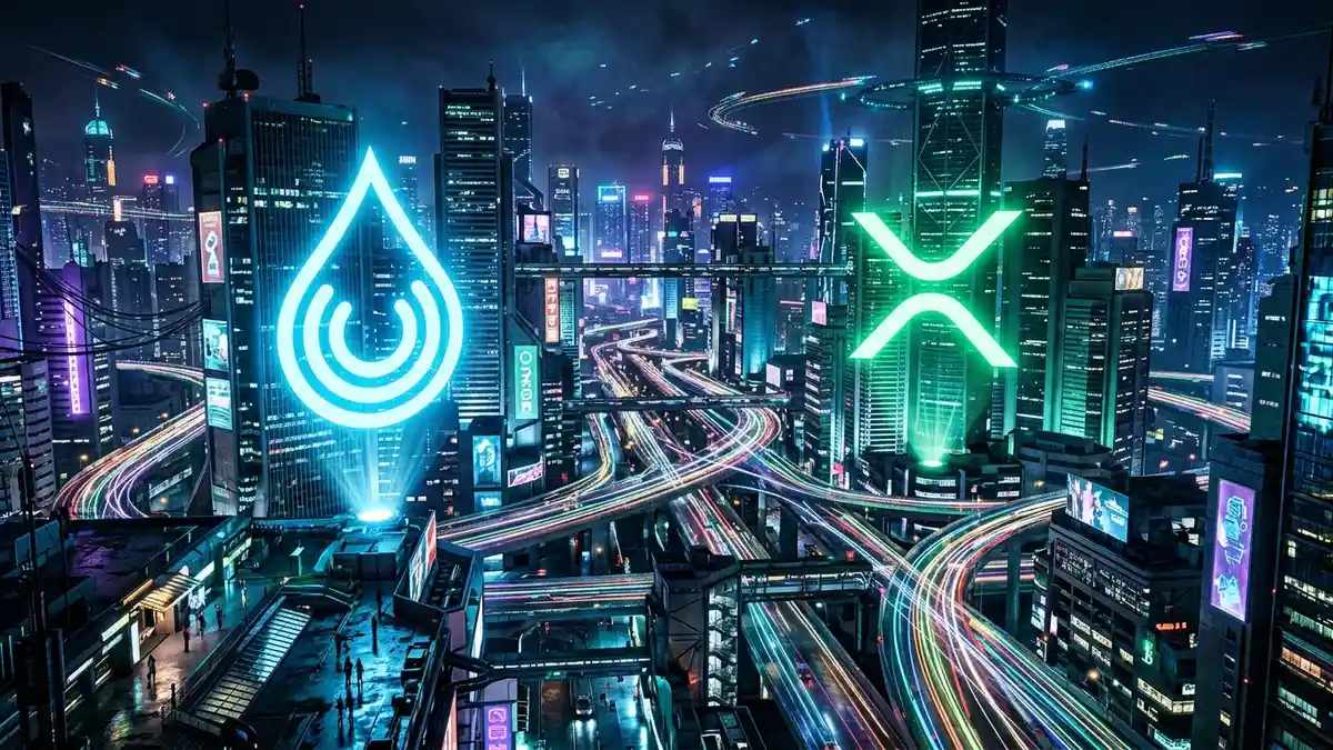 XRPのホログラムロゴがあるサイバーパンク都市