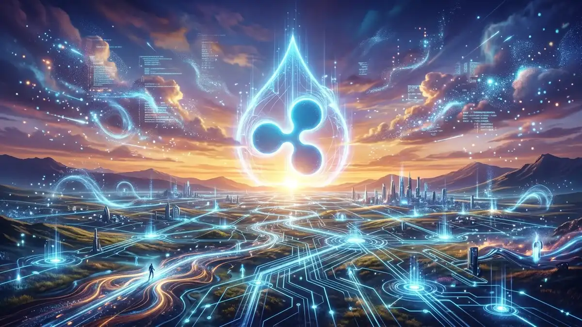 巨大なRippleロゴがあるデジタル風景の地平線
