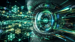 複雑な仮想通貨ネットワークをスキャンする、様式化されたサイバーアイ