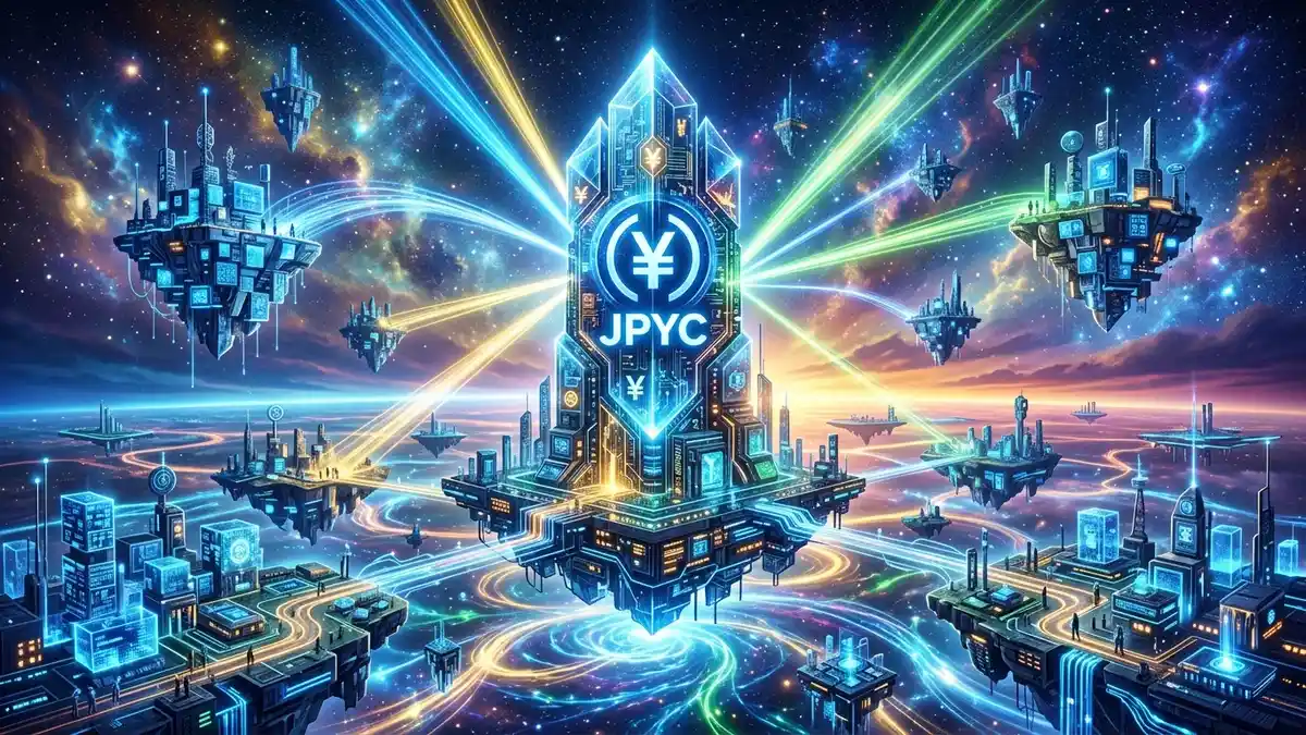 モニュメントのように浮かぶ巨大なJPYCトークンがあるシュルリアルなWeb3の風景。